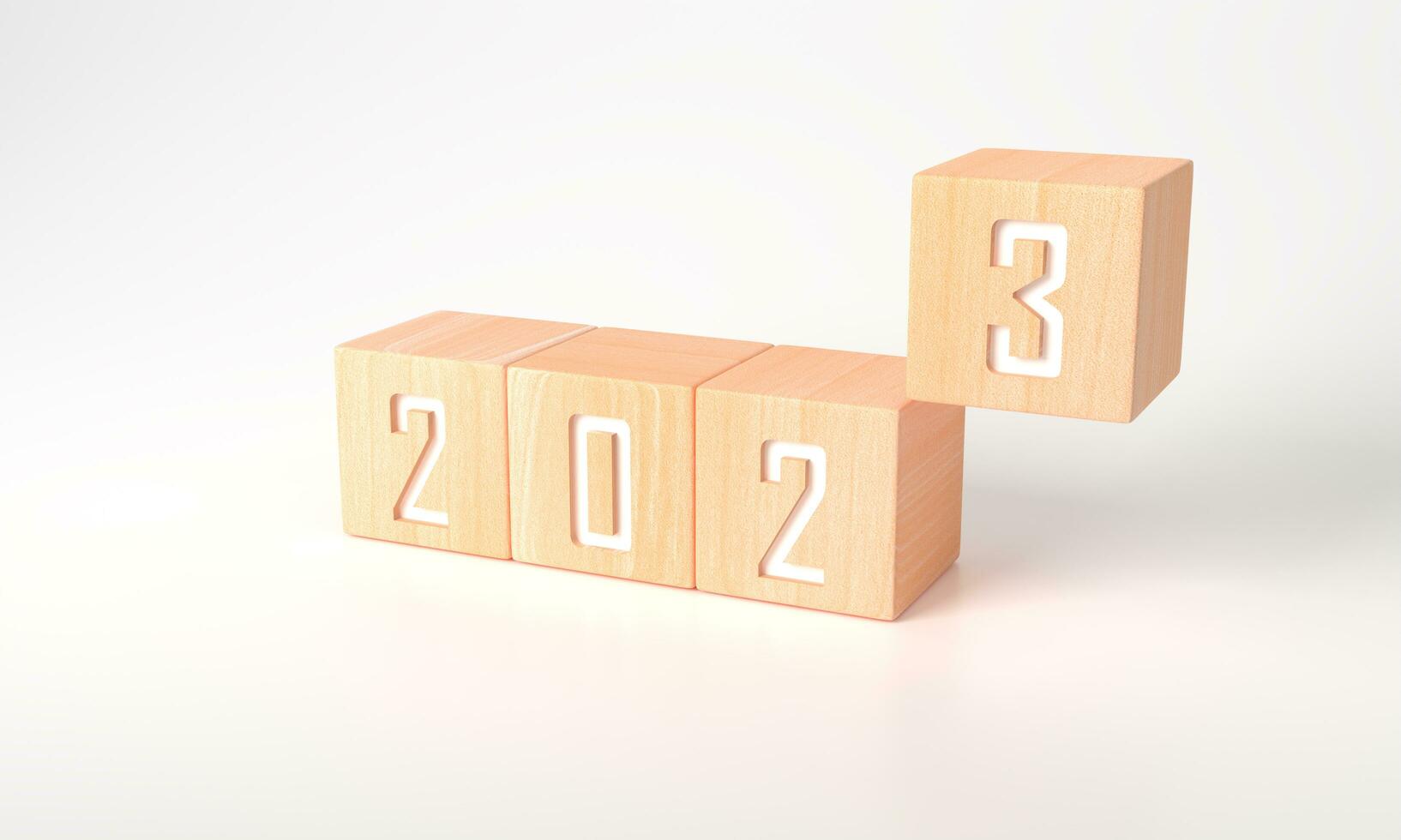 3d Rendern von Geschäft Tore im 2023 Konzept. glücklich Neu Jahr hölzern Würfel 2023 mit Weiß Hintergrund. Kopieren Raum zum Ihre beginnend Geschäft planen. Illustration minimal einfach Ziel Kalender Jahr foto