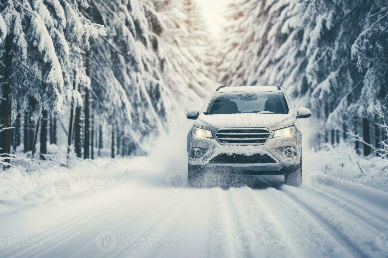 verschneite Straße im Winterwald mit fahrendem Auto 13144082 Stock-Photo  bei Vecteezy