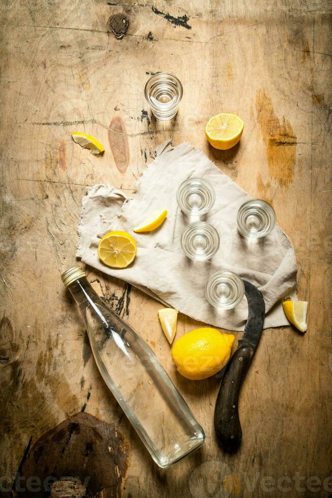 Flasche von Wodka mit Schuss Brille und Zitrone. foto