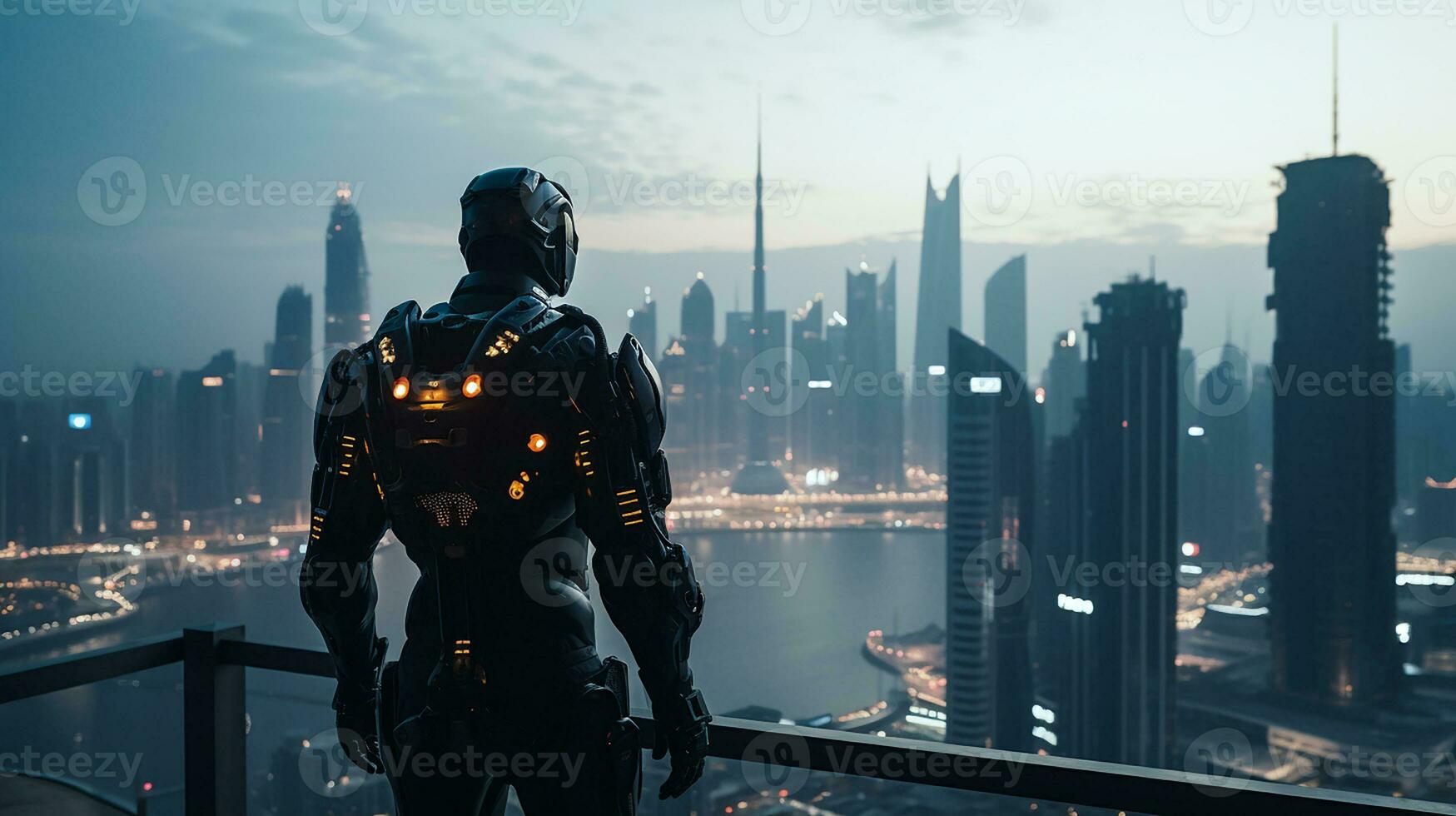 Aussicht von das zurück von Humanoid im Roboter Exoskelett Stehen auf das Plattform über Dubai Stadt im das spät Nachmittag, glühend Beleuchtung und Nebel im das Hintergrund Stadt.generativ ai foto