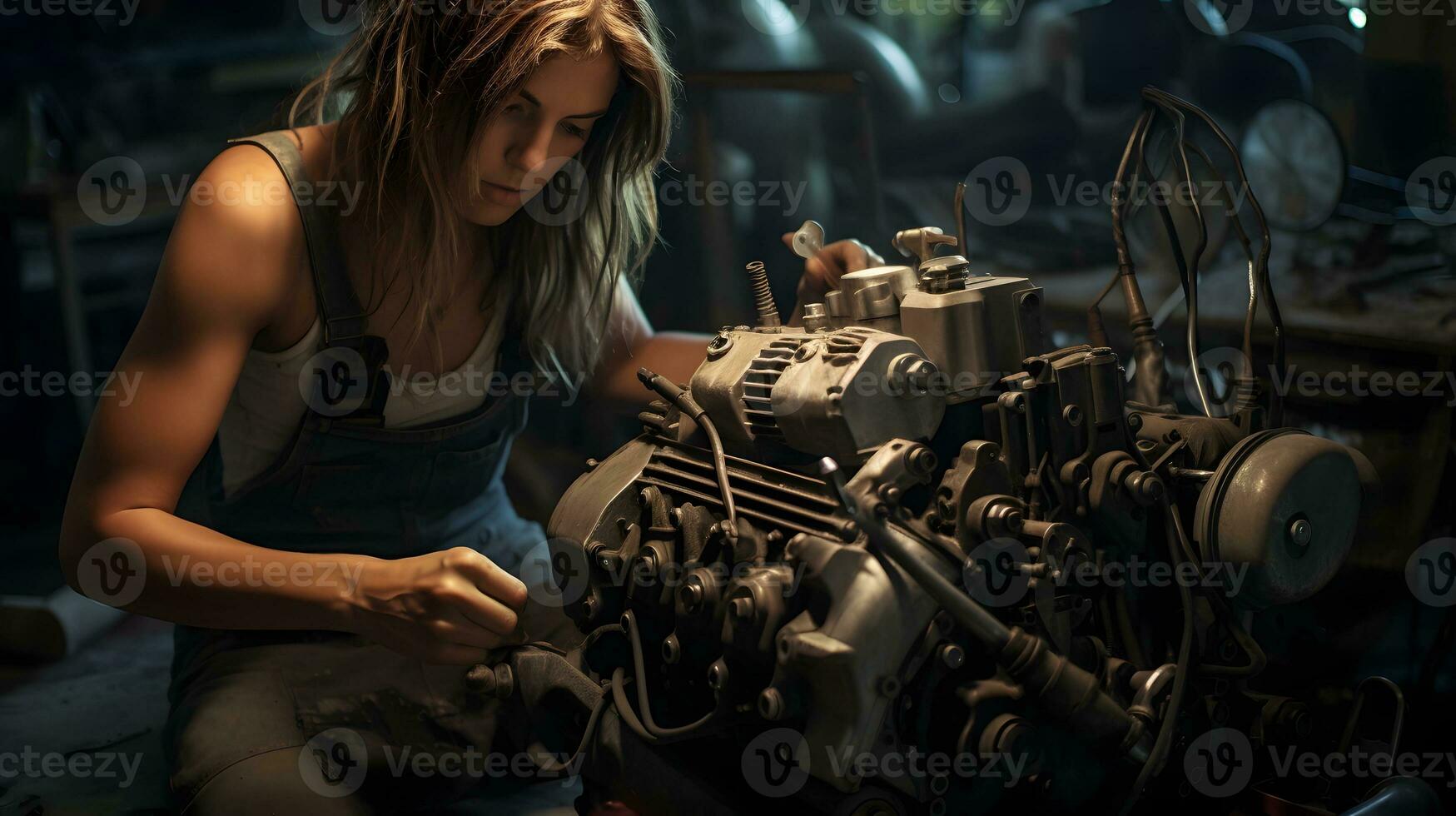 ein Frau Arbeiten auf ein Motor im ein Garage ai generiert foto