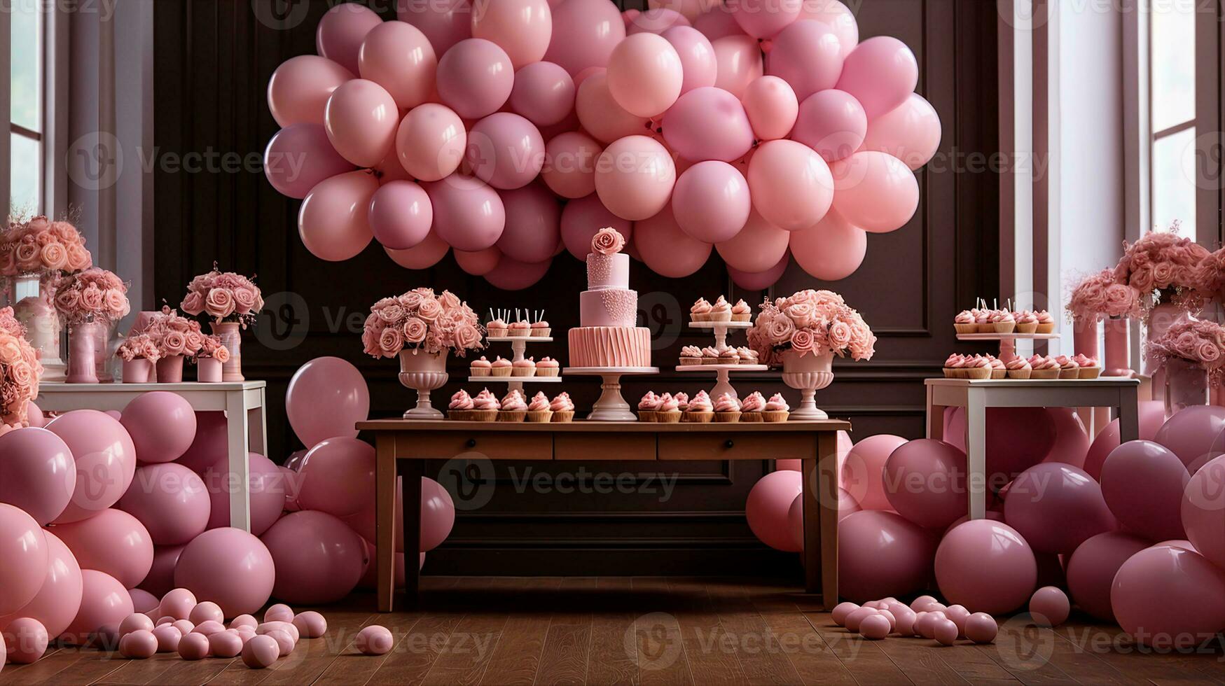 Baby Dusche Zimmer Innere Dekoration mit Rosa Luftballons und Kuchen, Kinder feiern ein froh Party, herzlich willkommen Baby zelebrieren, KI-generiert foto