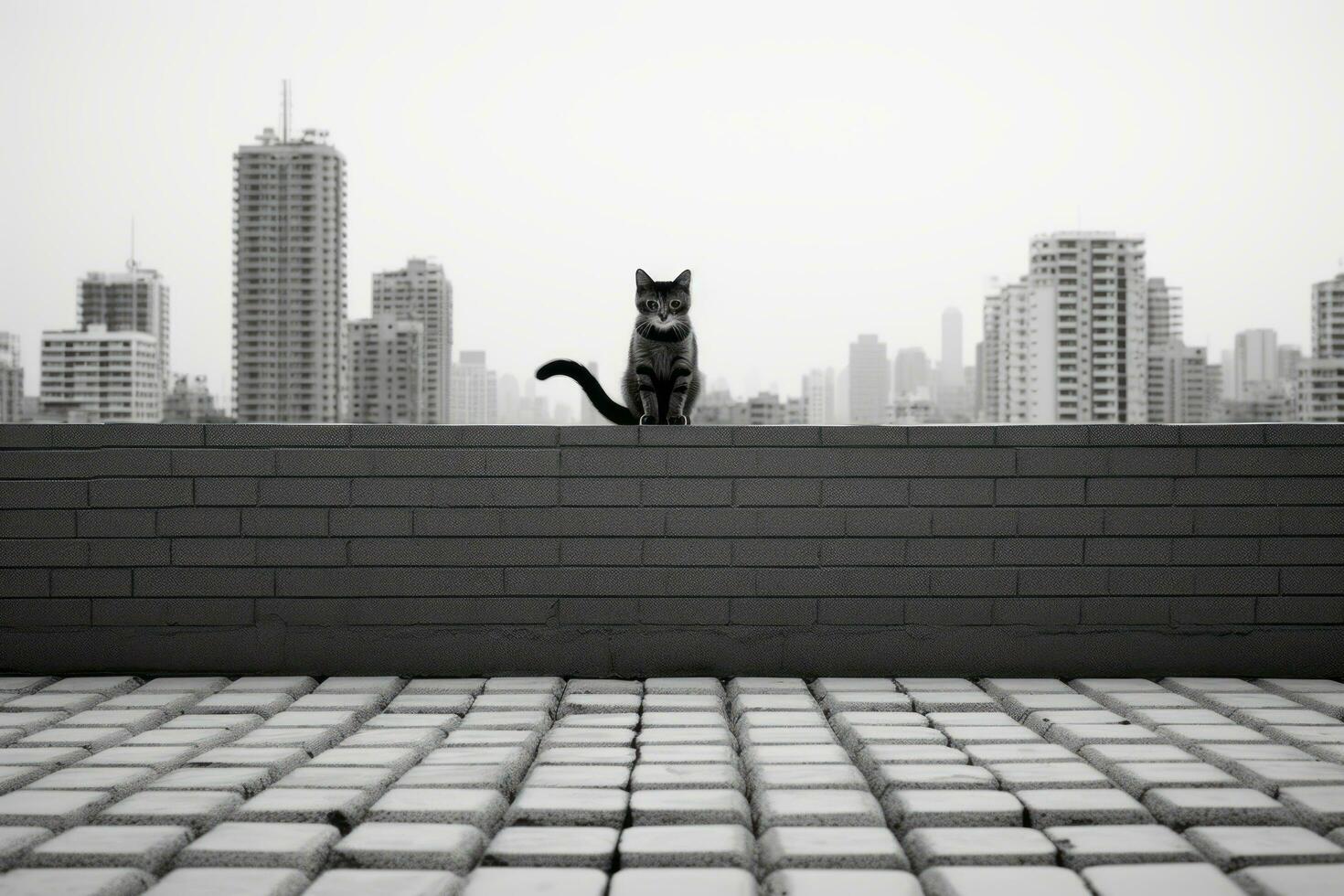 ein schwarz und Weiß Foto von ein Katze Sitzung auf das Kante von ein Gebäude generativ ai