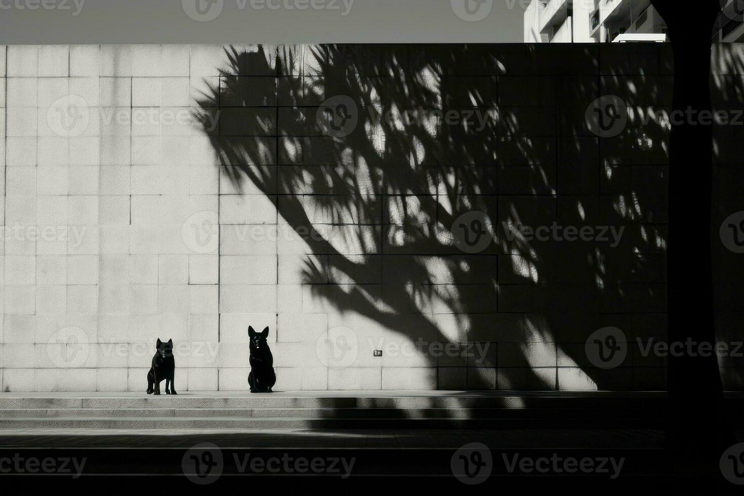 ein schwarz und Weiß Foto von zwei Hunde Stehen im Vorderseite von ein Mauer generativ ai