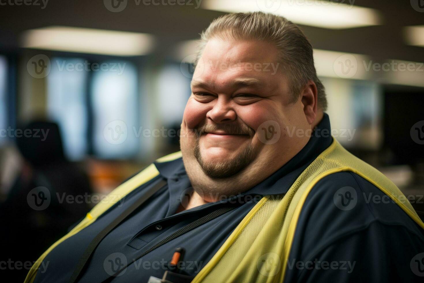 ein Mann mit ein groß Lächeln auf seine Gesicht im ein Büro generativ ai foto