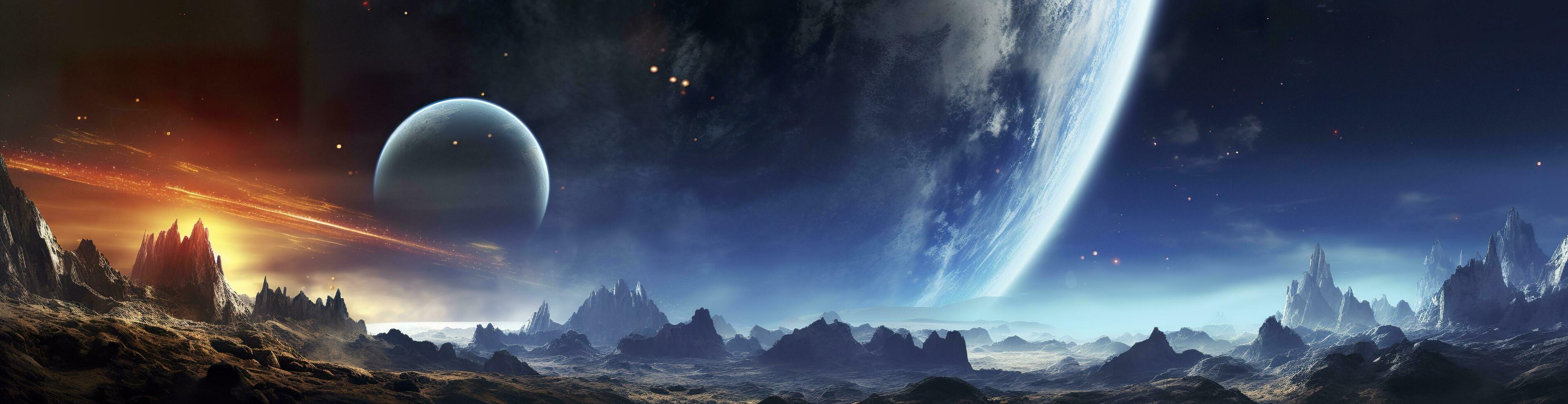 Panorama von entfernt Planet System im Raum 3d Rendern Elemente. generativ ai foto