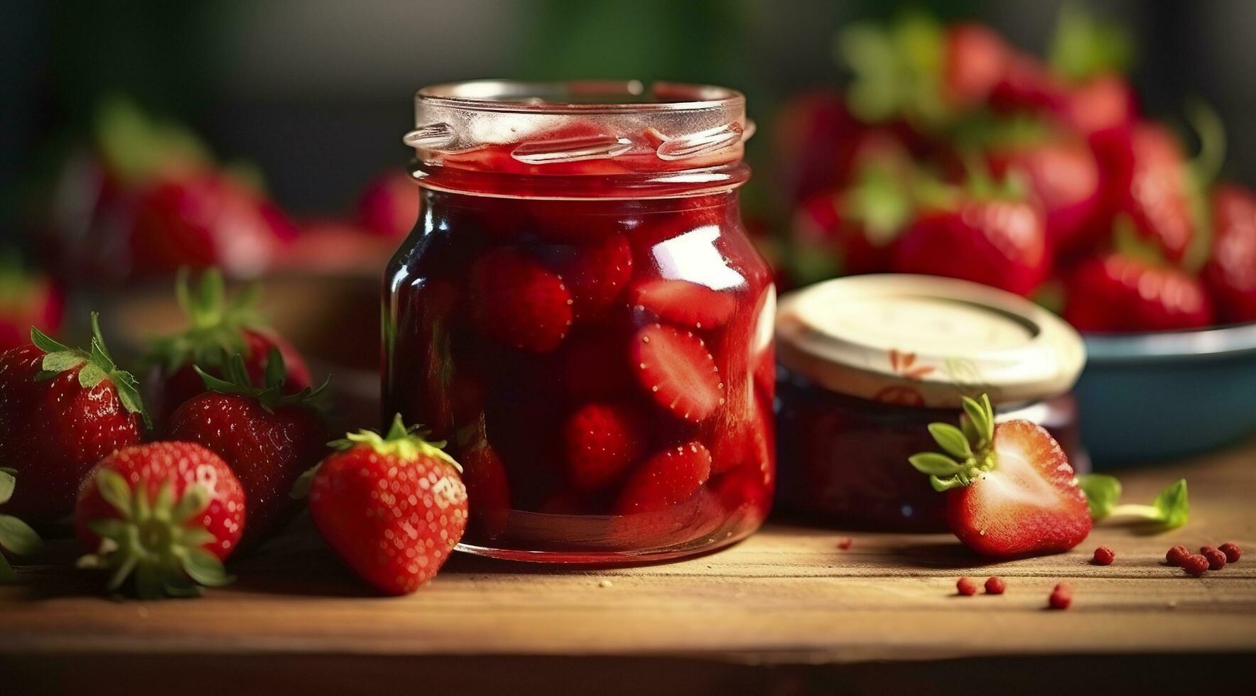 Erdbeere Marmelade und frisch Beeren. generativ ai foto