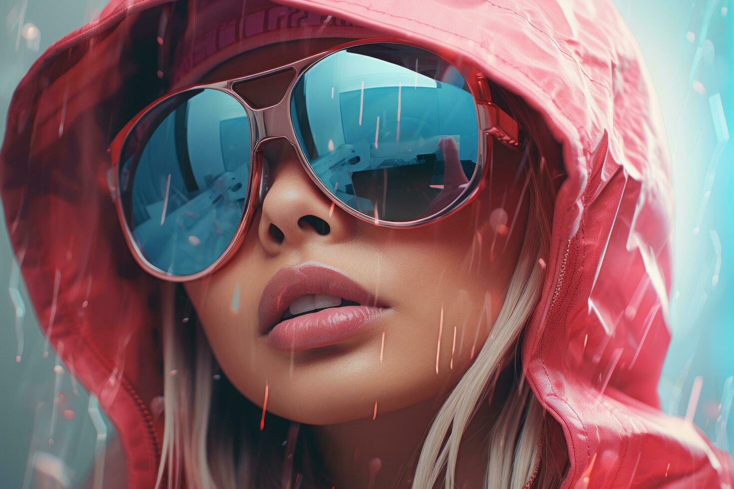 ein Frau tragen Sonnenbrille und ein Rosa Jacke im das Regen generativ ai foto