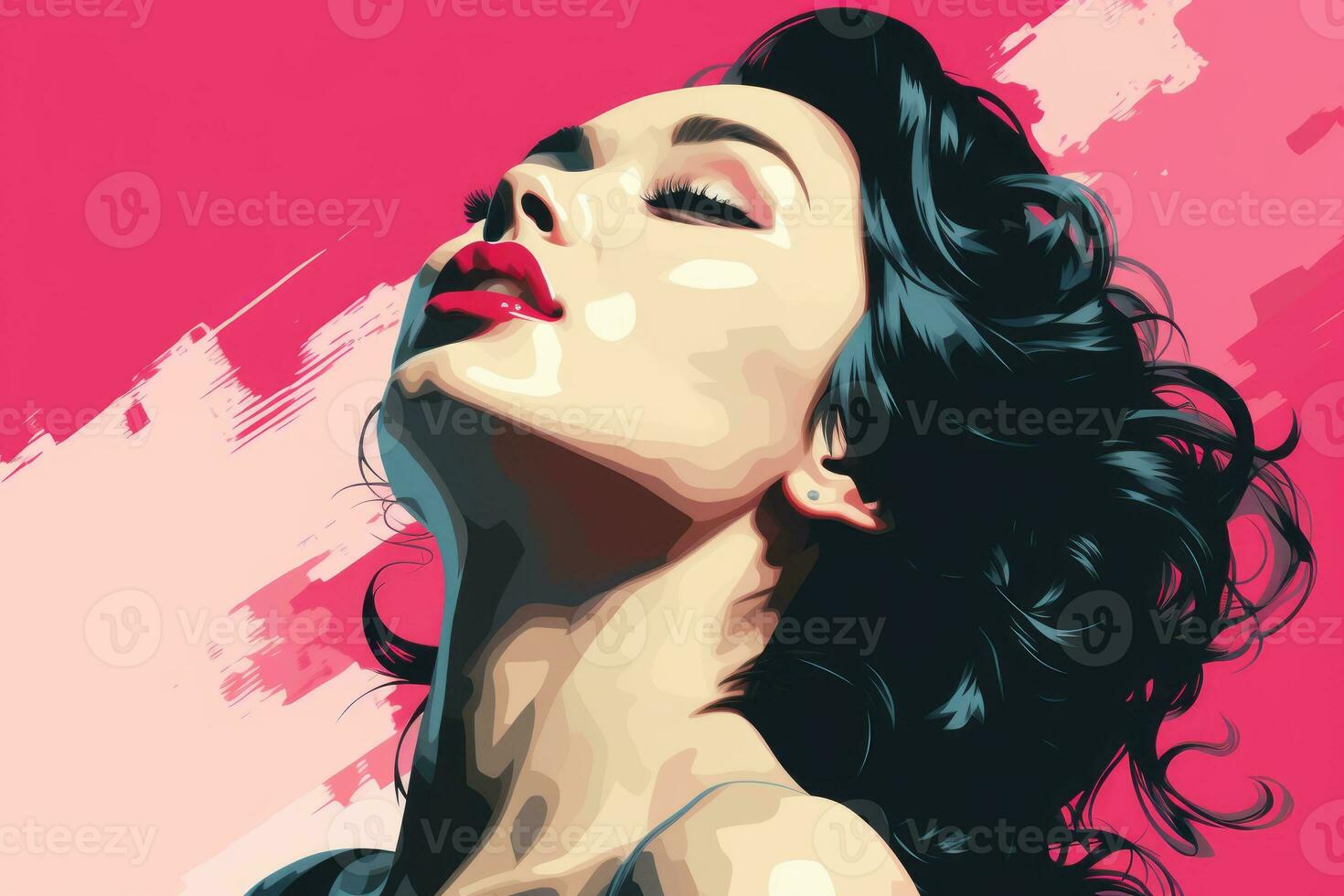 ein Frau mit lange Haar und rot Lippenstift auf ein Rosa Hintergrund generativ ai foto