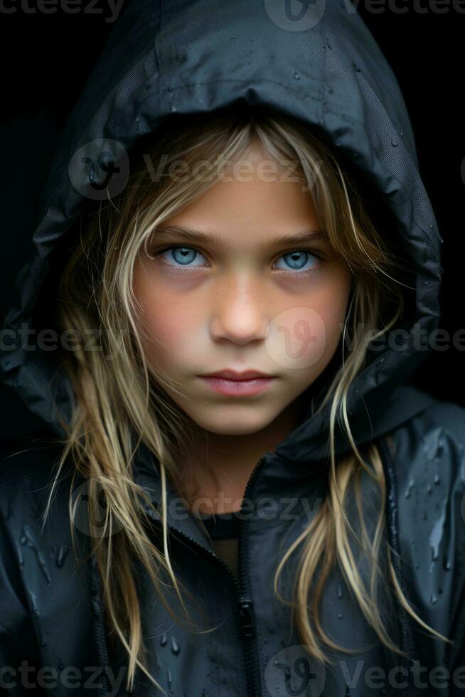 ein jung Mädchen im ein schwarz Jacke mit Regen Tropfen auf ihr Gesicht generativ ai foto