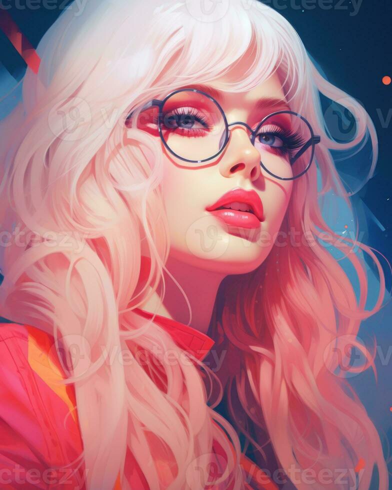 ein Illustration von ein Frau mit Brille und Rosa Haar generativ ai foto