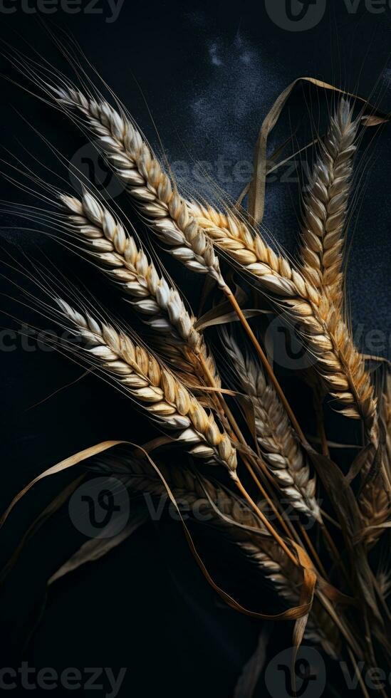 ein Bündel von Weizen auf ein dunkel Hintergrund generativ ai foto