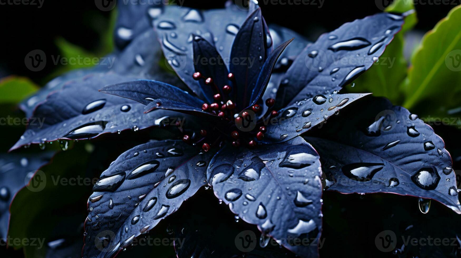 ein dunkel Blau Blume mit Wasser Tröpfchen auf es generativ ai foto