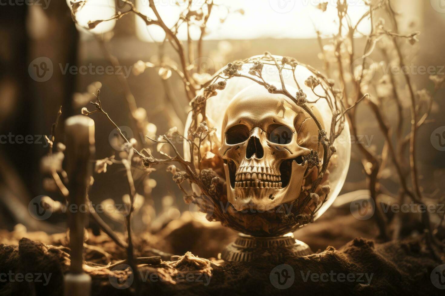 ein golden Schädel ist Sitzung im ein Glas Schüssel umgeben durch Pflanzen generativ ai foto