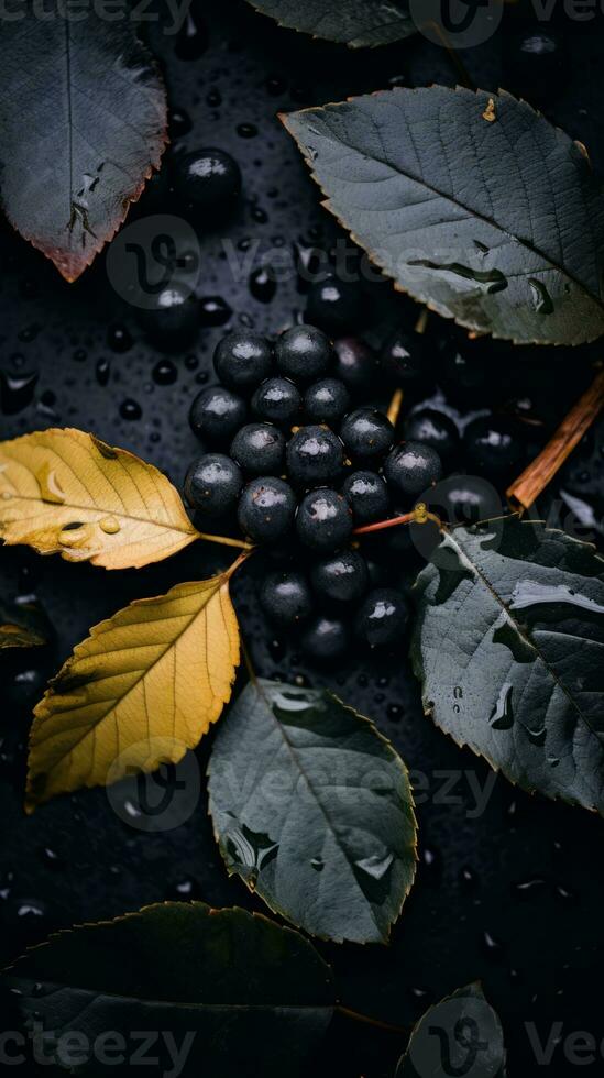 Blätter und Beeren auf ein schwarz Hintergrund mit Wasser Tröpfchen generativ ai foto