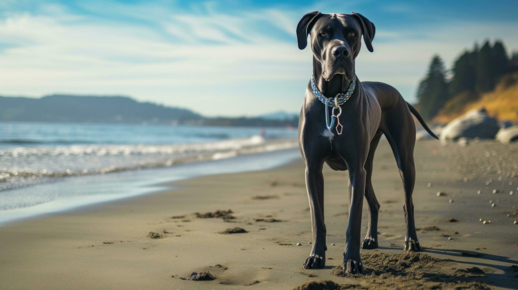 ein majestätisch großartig Däne Stehen auf ein Strand mit ein schwarz Leine foto