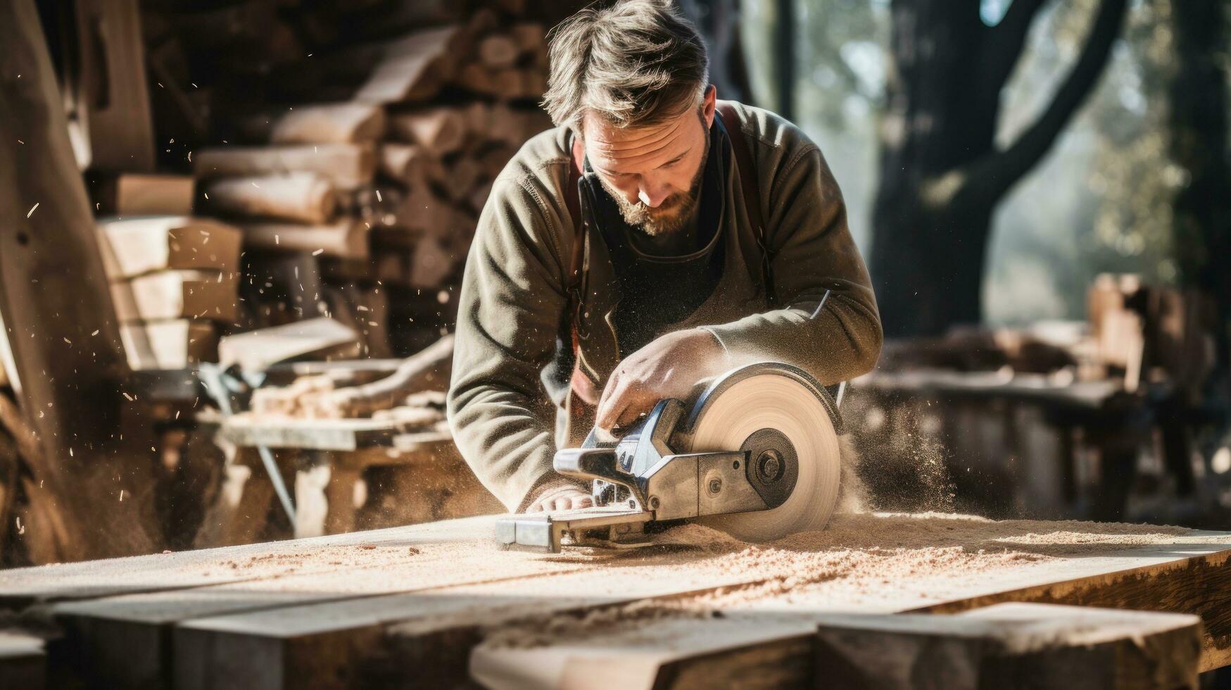 Zimmermann Schneiden Holz mit ein kreisförmig foto