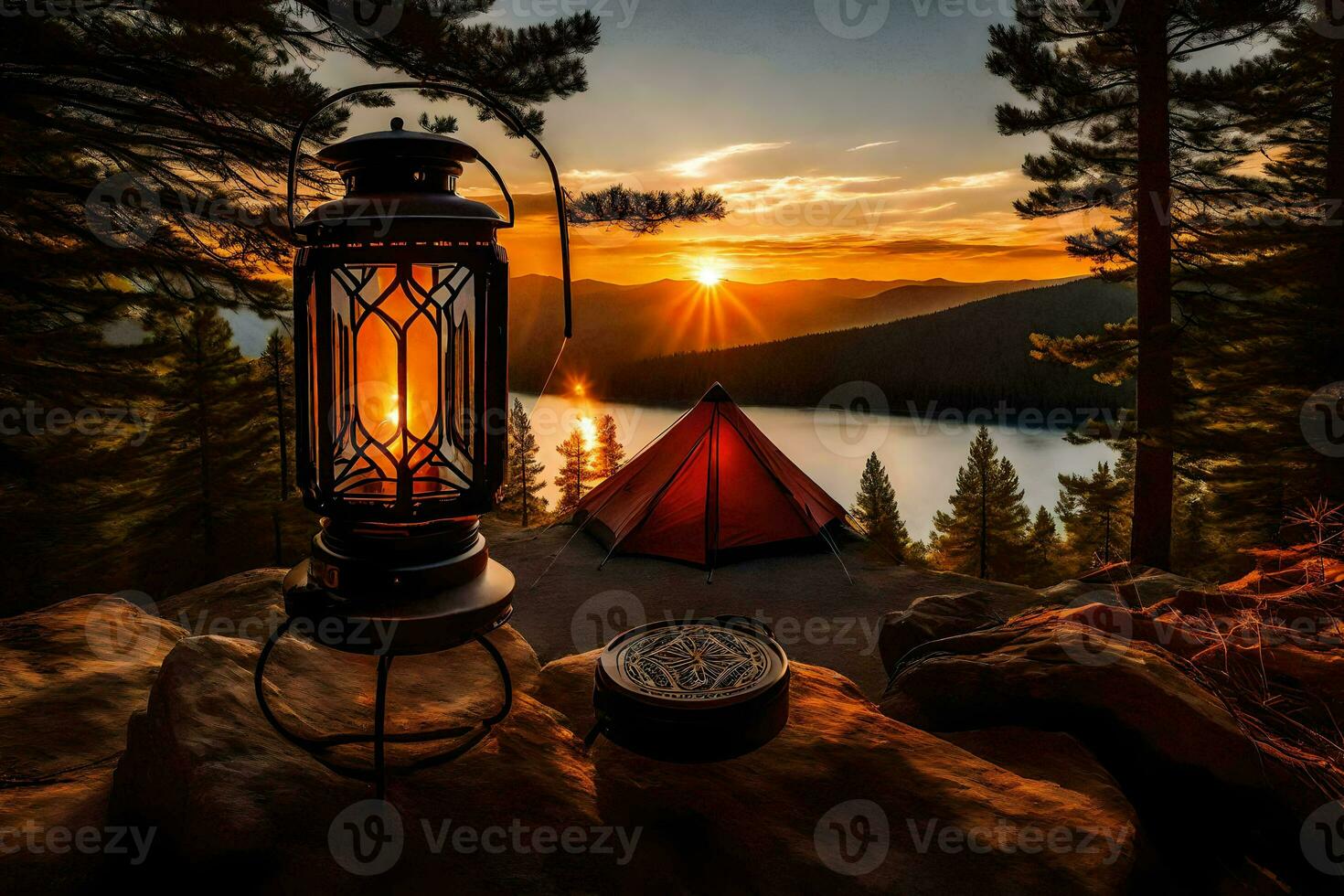 ein Laterne und ein Zelt sind auf oben von ein Berg beim Sonnenuntergang. KI-generiert foto