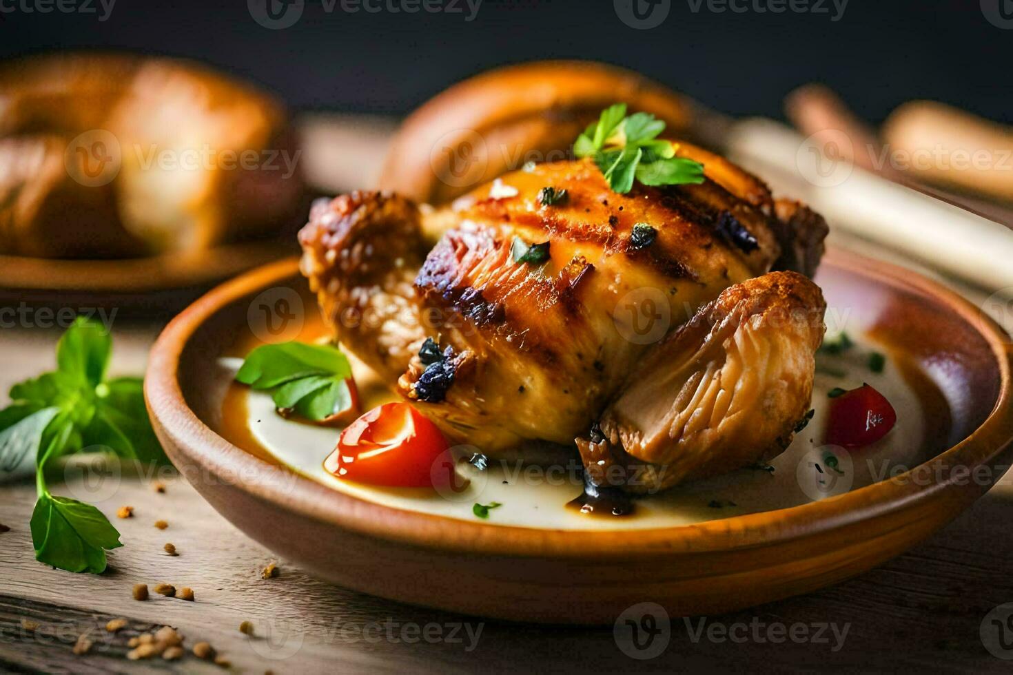 Hähnchen im ein Schüssel mit Brot und Gemüse. KI-generiert foto