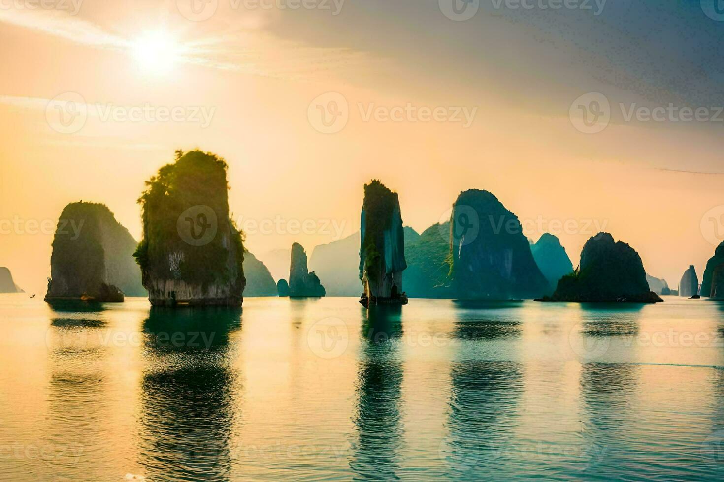 das Sonne setzt Über das Wasser im Halong Bucht, Vietnam. KI-generiert foto