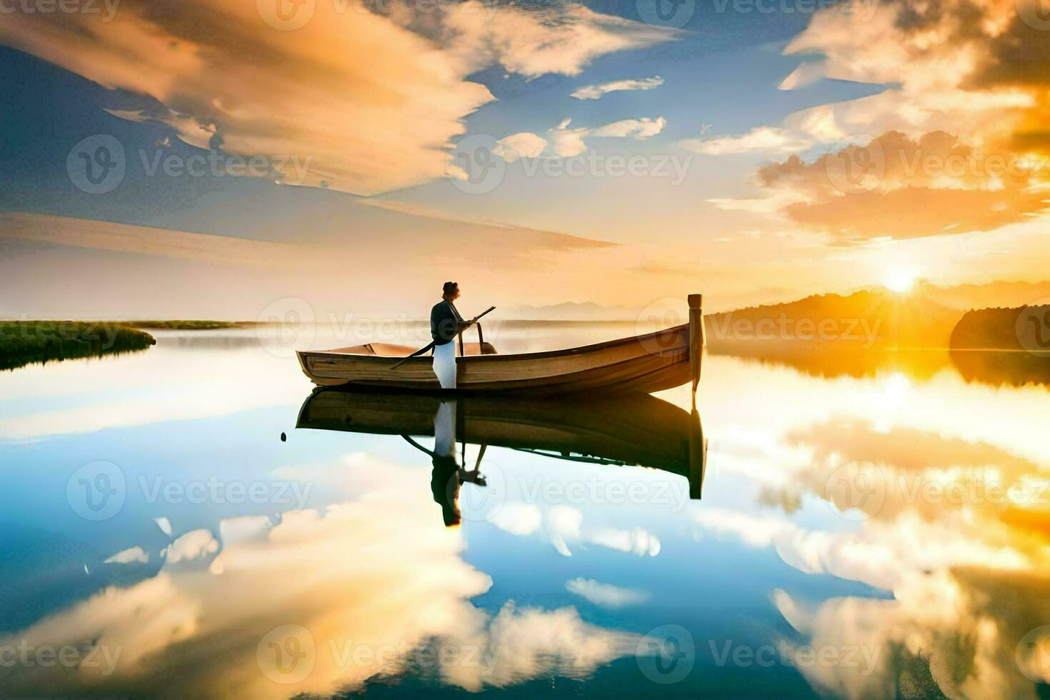 ein Mann im ein Boot auf ein Ruhe See beim Sonnenuntergang. KI-generiert foto