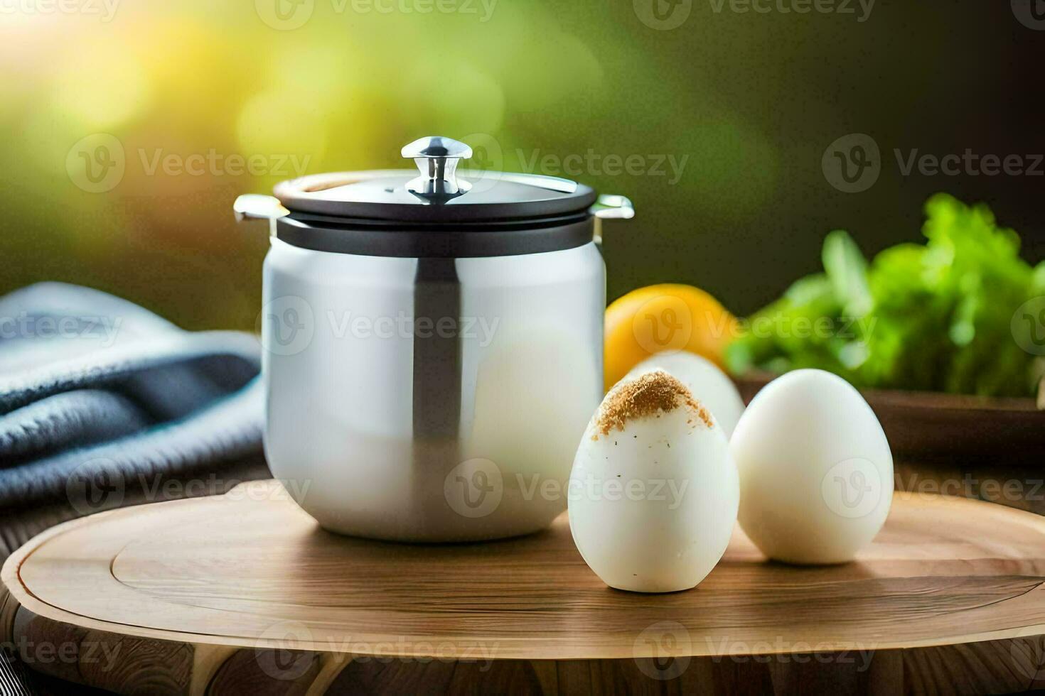 Eier auf ein hölzern Schneiden Tafel mit ein Krug von Butter. KI-generiert foto