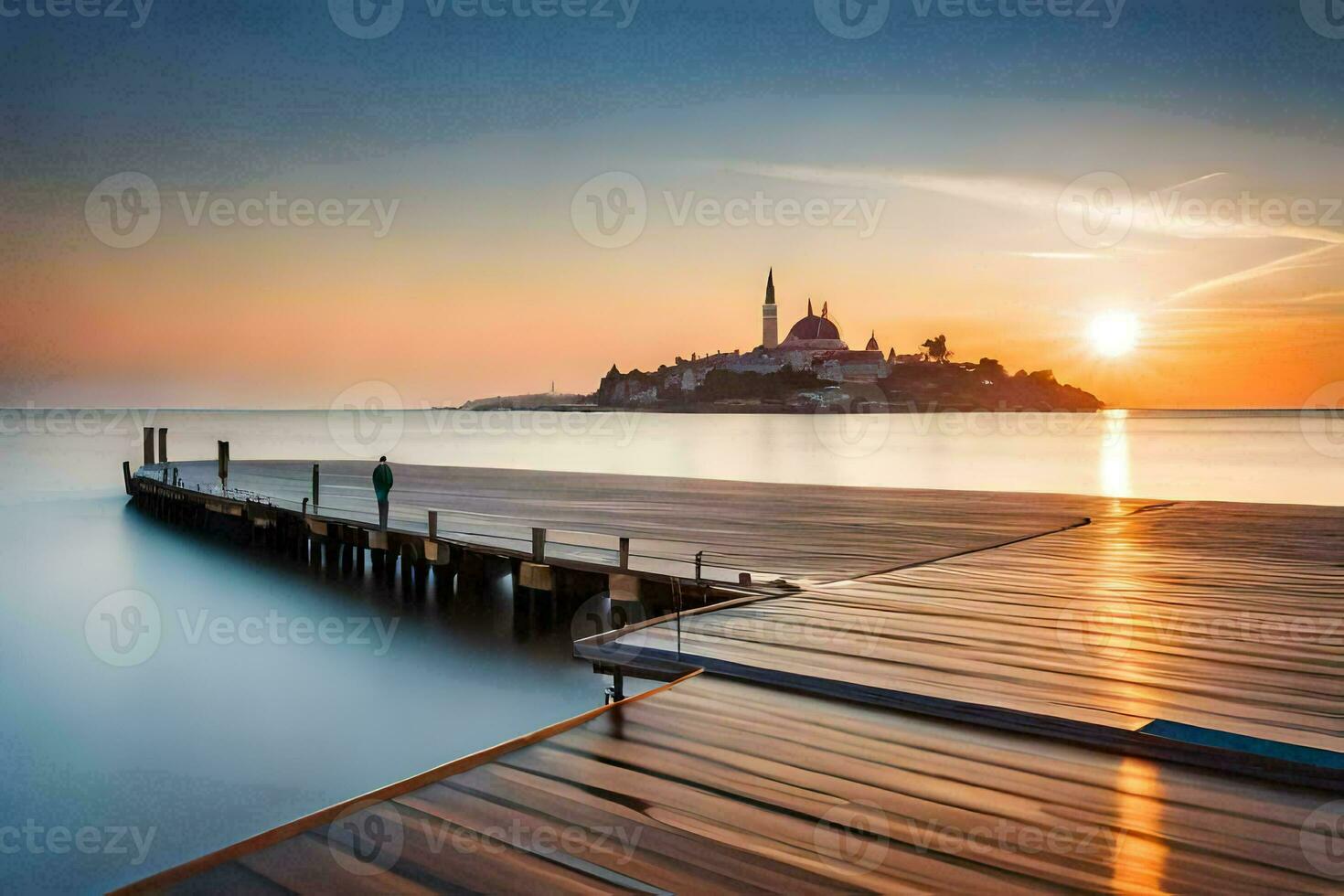 das Sonne setzt Über ein Seebrücke im Vorderseite von ein Kirche. KI-generiert foto