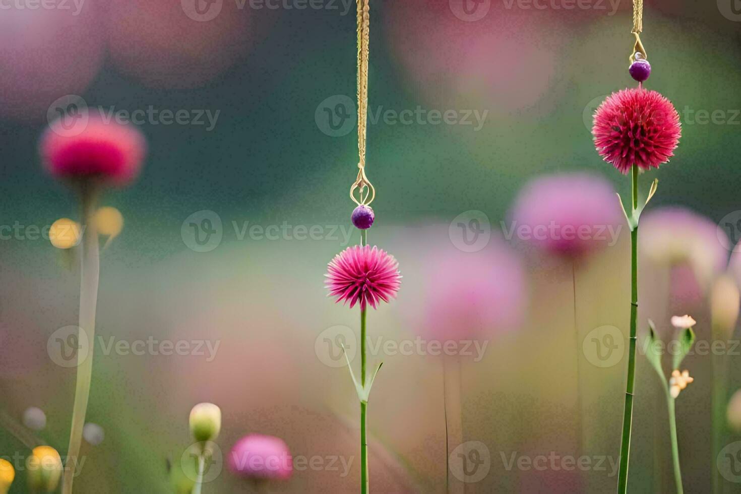 zwei Rosa Blumen hängend von ein Kette im ein Feld. KI-generiert foto