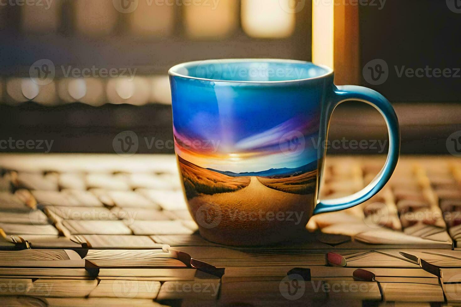 ein Kaffee Becher mit ein Sonnenuntergang Szene auf Es. KI-generiert foto
