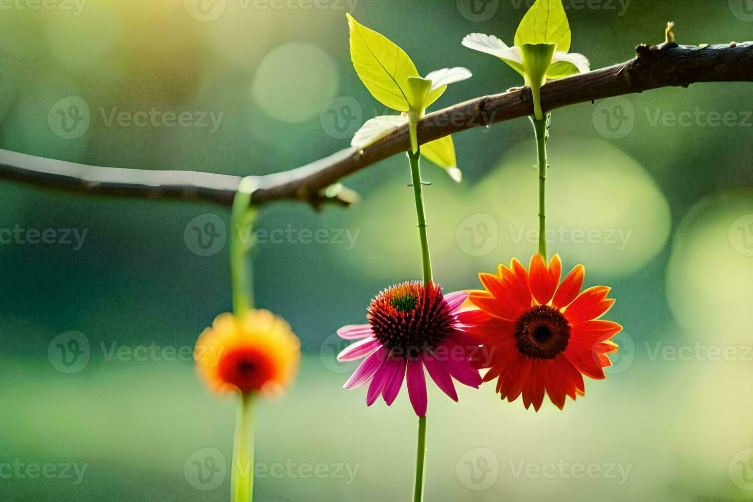 zwei Blumen hängend von ein Ast. KI-generiert foto