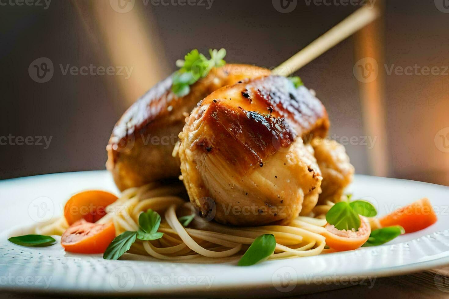 ein Teller mit Hähnchen und Spaghetti auf Es. KI-generiert foto