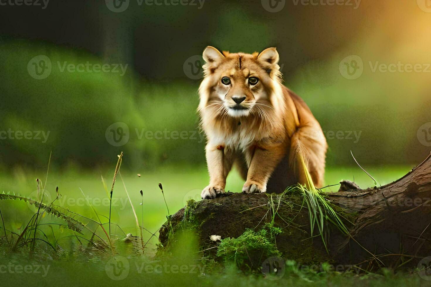 ein Löwe Sitzung auf ein Baum Stumpf im das Gras. KI-generiert foto