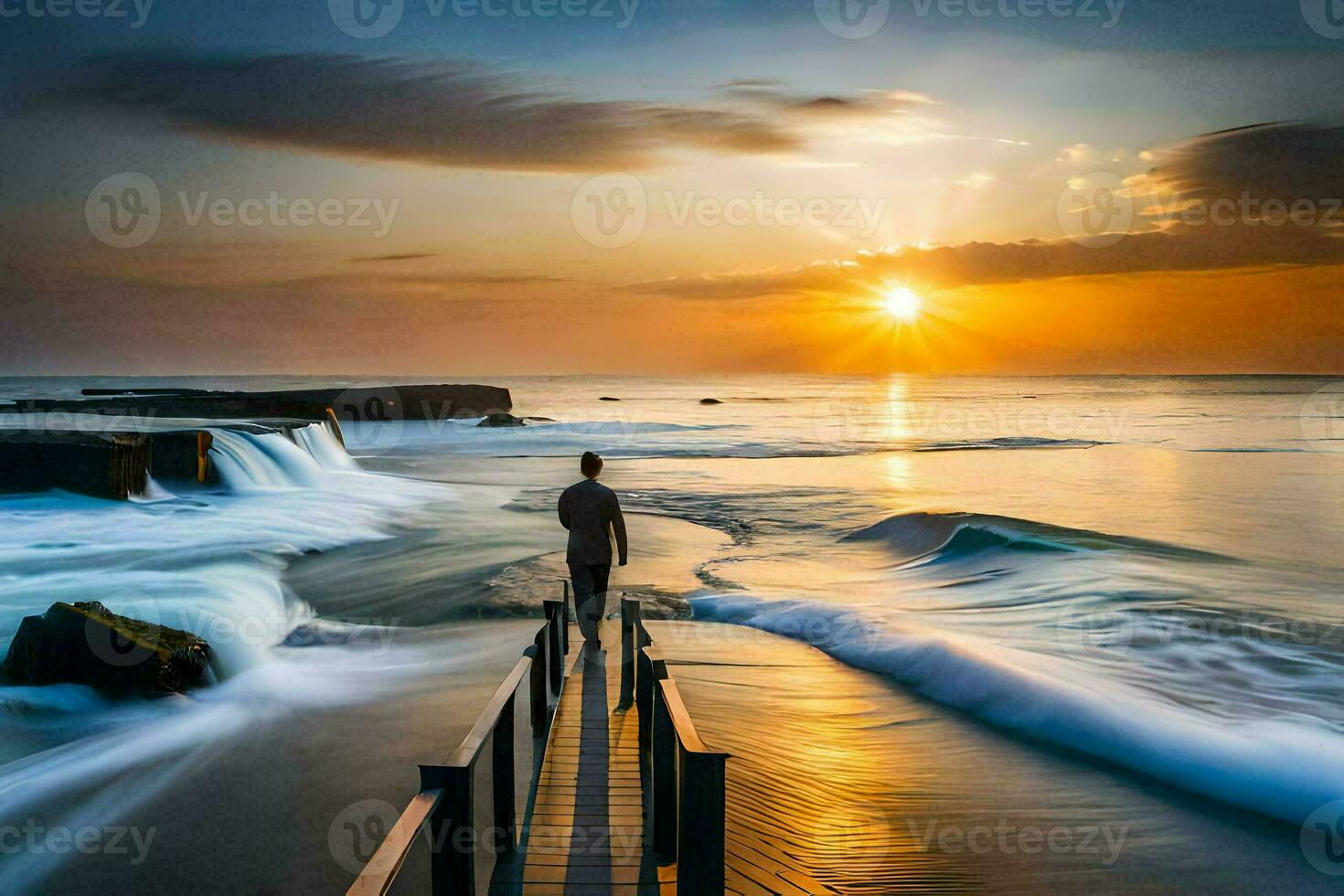 ein Mann steht auf ein hölzern Brücke suchen beim das Sonne Rahmen Über das Ozean. KI-generiert foto