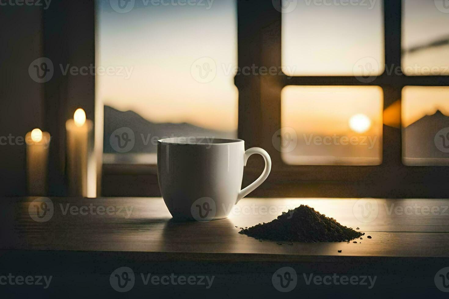 Kaffee Tasse und Kaffee Bohnen auf ein Tabelle im Vorderseite von ein Fenster. KI-generiert foto