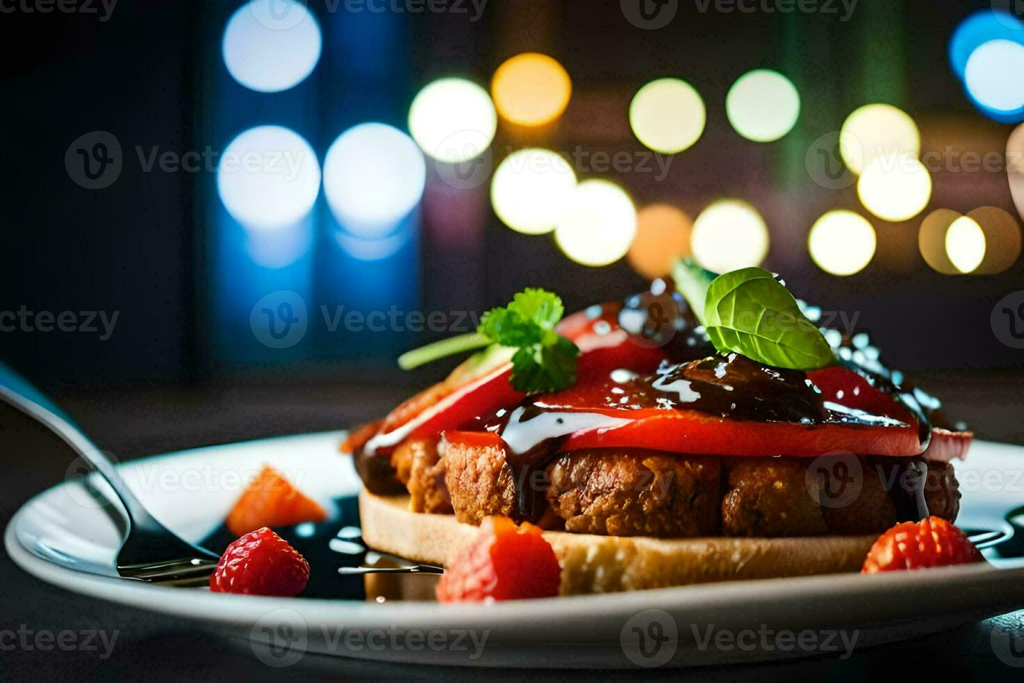 ein Teller mit ein Sandwich und Beeren auf Es. KI-generiert foto