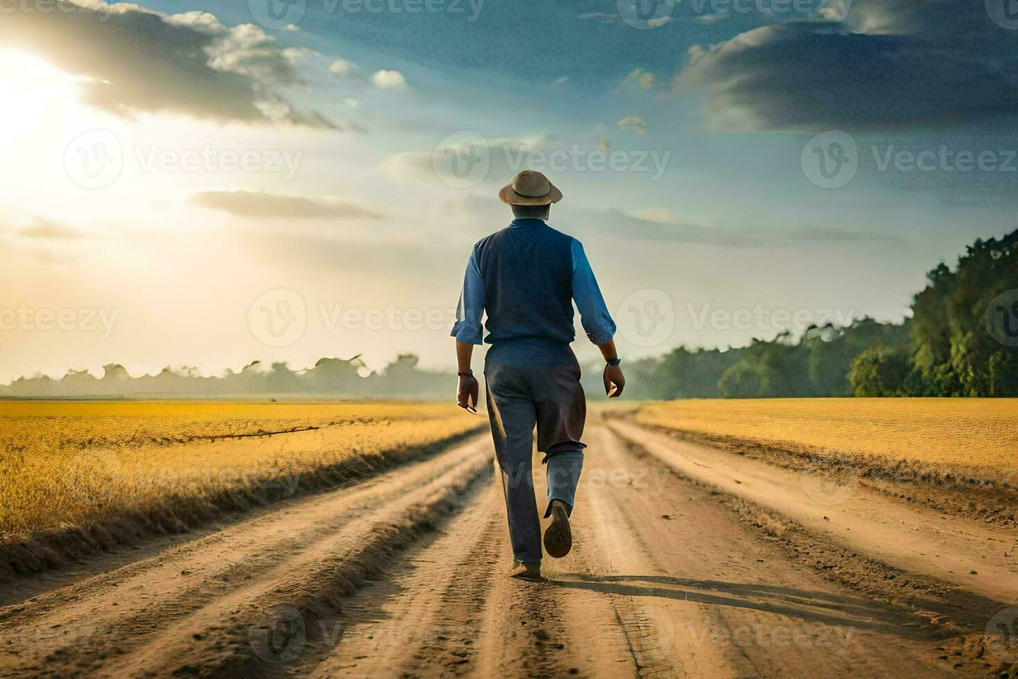 ein Mann im ein Hut Spaziergänge Nieder ein Schmutz Straße. KI-generiert foto