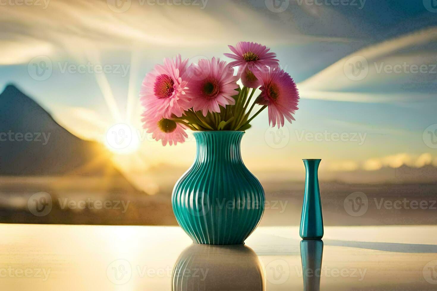 ein Vase mit Rosa Blumen und ein Vase mit ein Blau Vase. KI-generiert foto