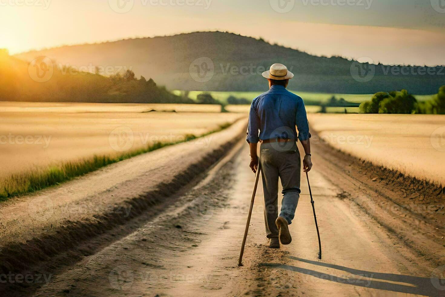 ein Mann Gehen auf Krücken über ein Schmutz Straße. KI-generiert foto