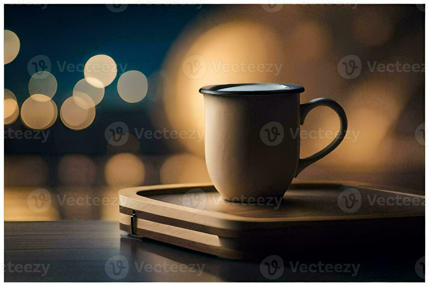 ein Kaffee Tasse Sitzung auf ein hölzern Tablett mit Bokeh Beleuchtung im das Hintergrund. KI-generiert foto