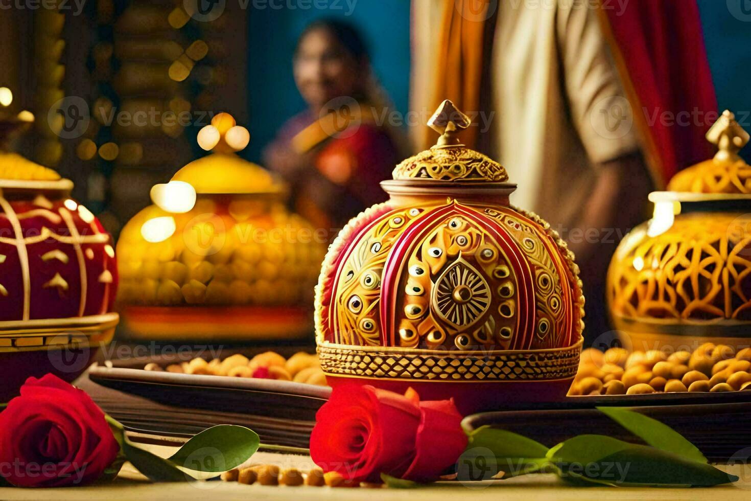 indisch Hochzeit Dekorationen mit Gold und rot Blumen. KI-generiert foto