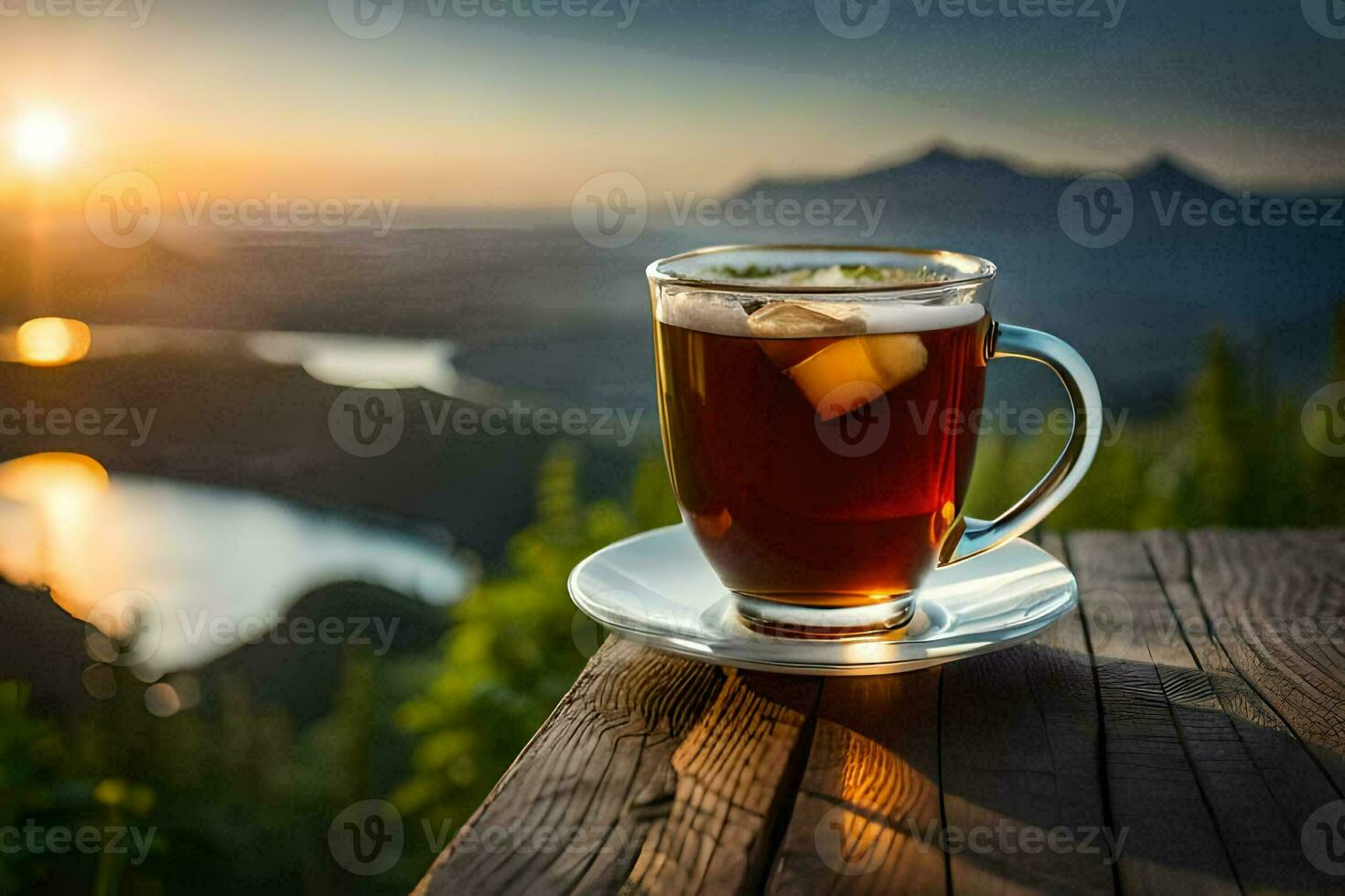 ein Tasse von Tee auf ein hölzern Tabelle mit ein Aussicht von das Berge. KI-generiert foto