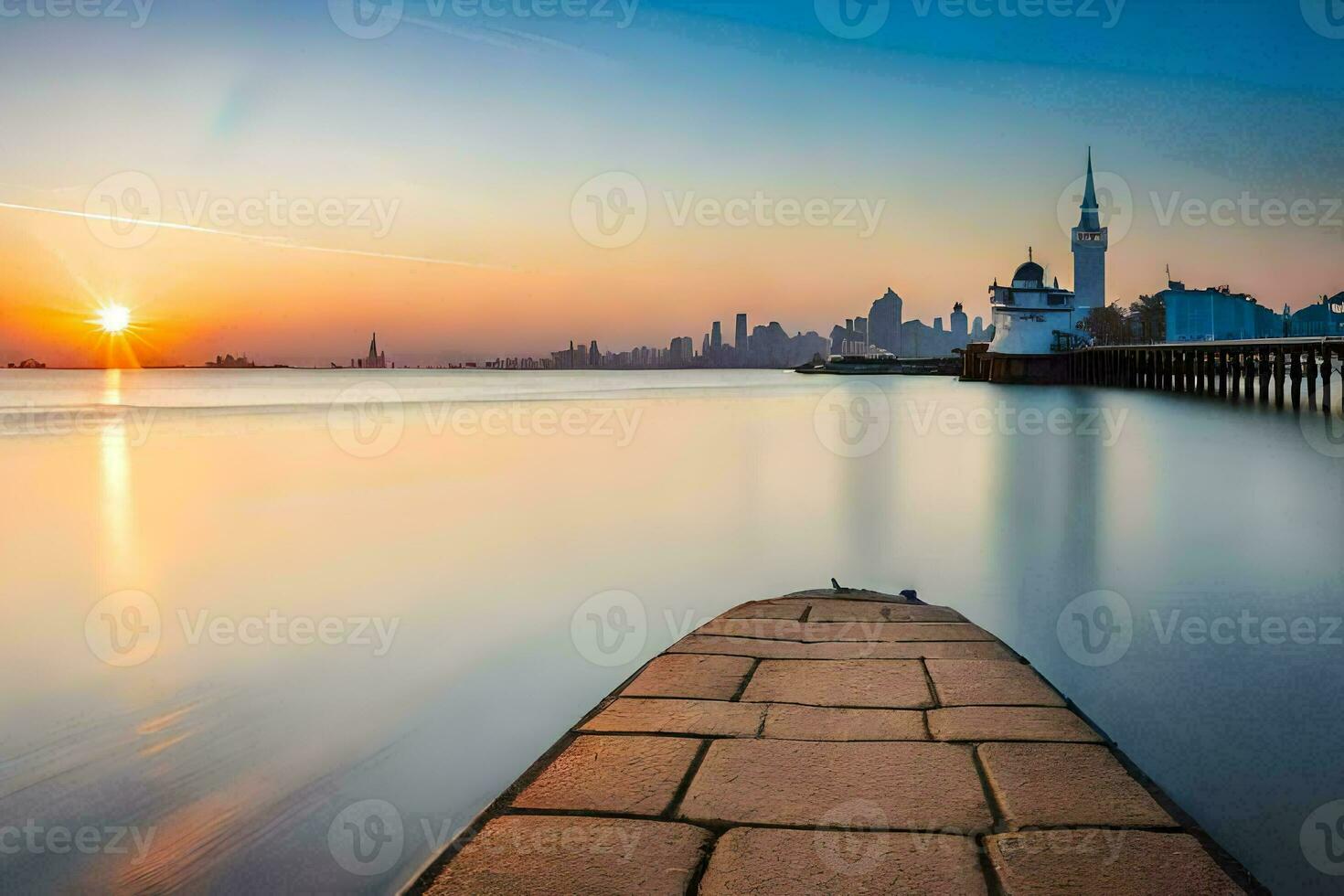 ein Seebrücke im das Wasser mit ein Stadt Horizont im das Hintergrund. KI-generiert foto