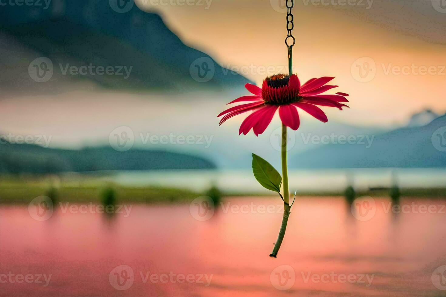 ein rot Blume hängend von ein Haken im Vorderseite von ein See. KI-generiert foto