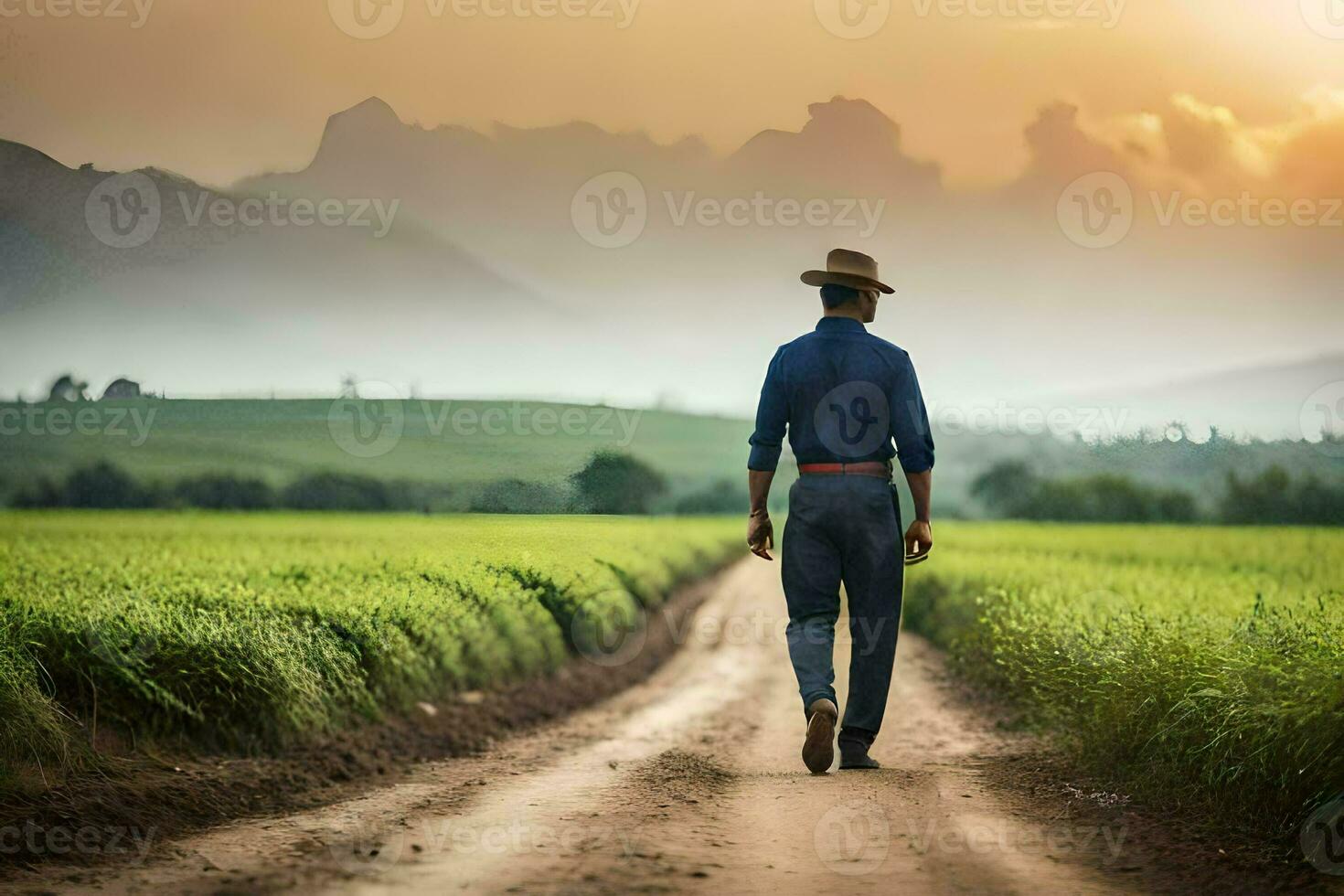 ein Mann im ein Hut Spaziergänge Nieder ein Schmutz Straße im ein Feld. KI-generiert foto