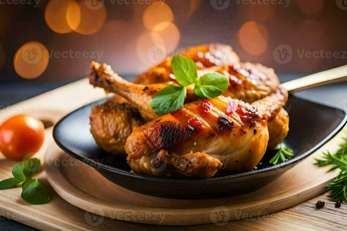 Hähnchen mit Kräuter und Tomaten auf ein Platte. KI-generiert foto