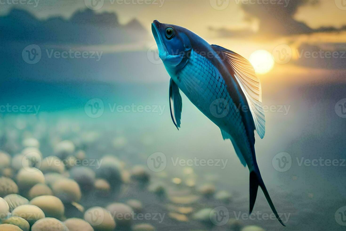 Fisch Schwimmen im das Ozean mit ein Sonnenuntergang im das Hintergrund. KI-generiert foto