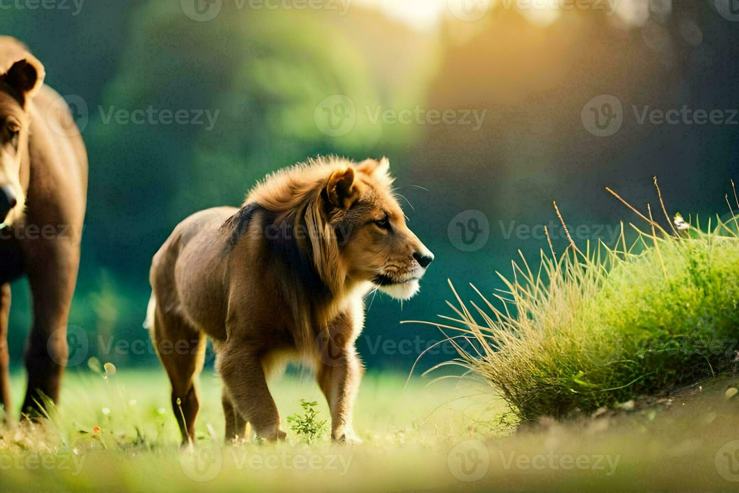 zwei Löwen Gehen im das Gras. KI-generiert foto