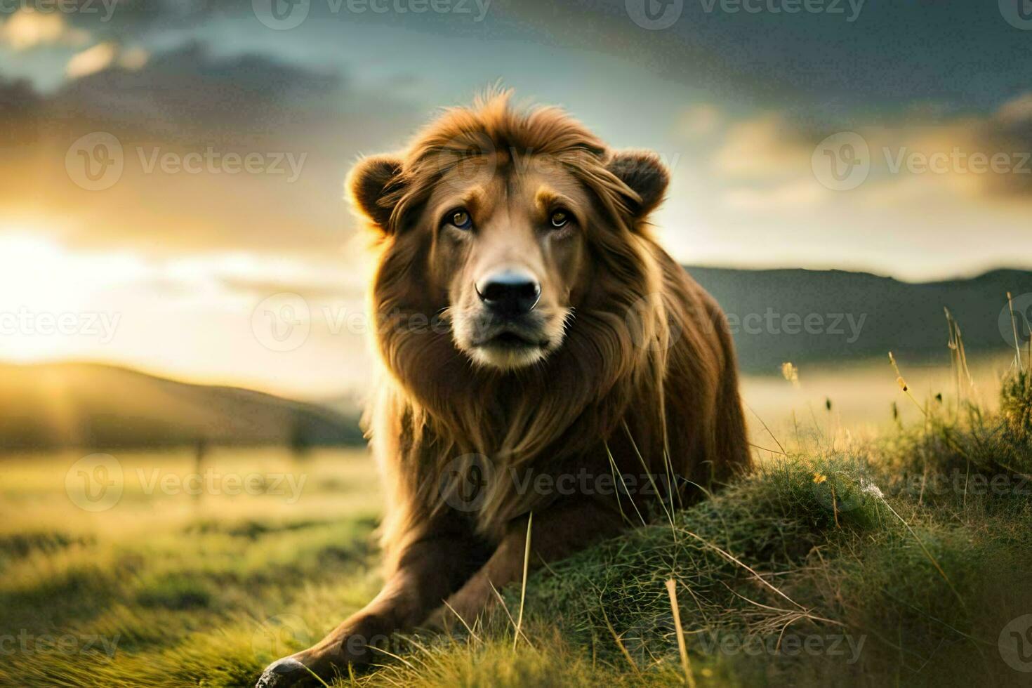 ein Löwe Sitzung im das Gras beim Sonnenuntergang. KI-generiert foto