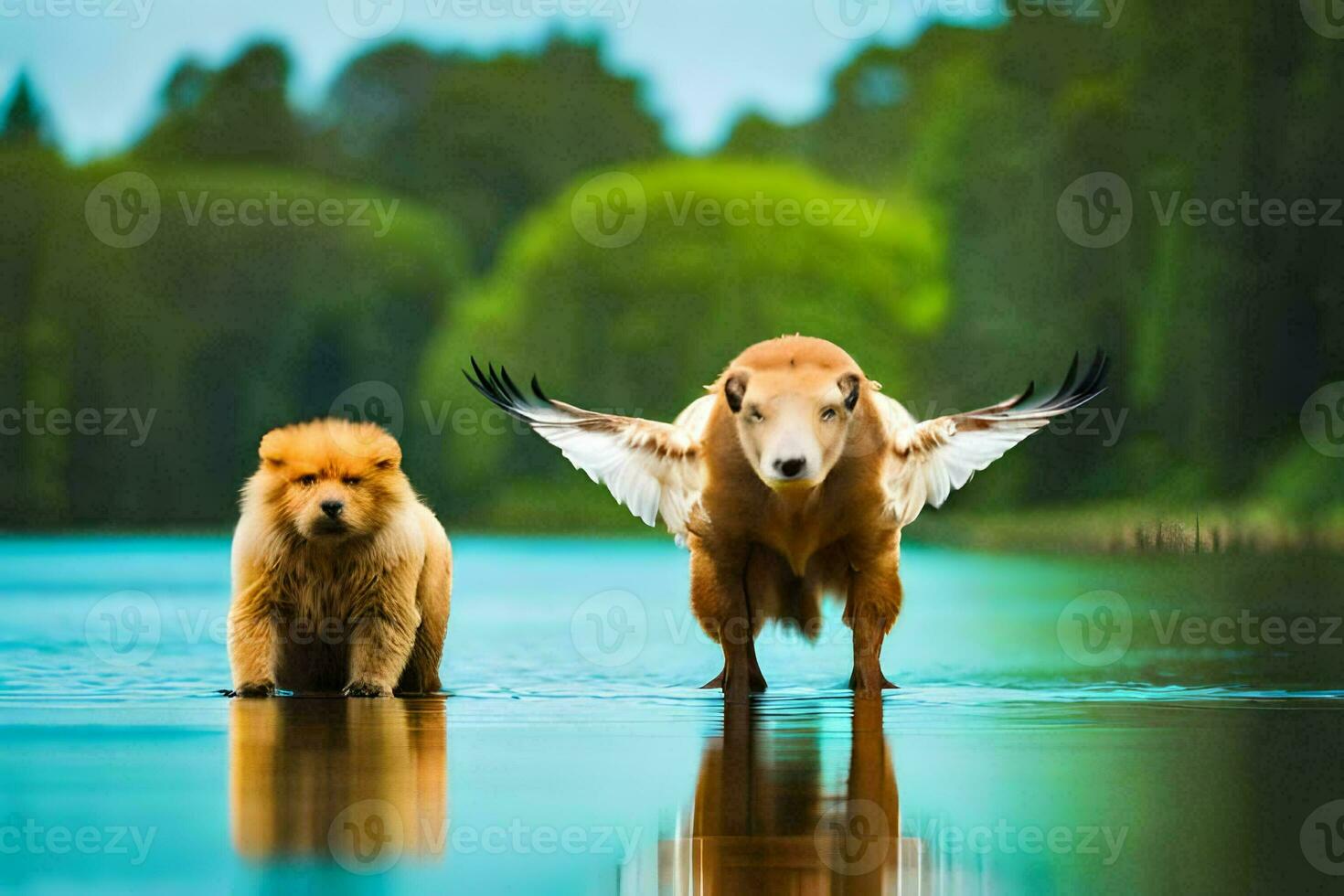 zwei Hunde Stehen im das Wasser mit Flügel aus. KI-generiert foto