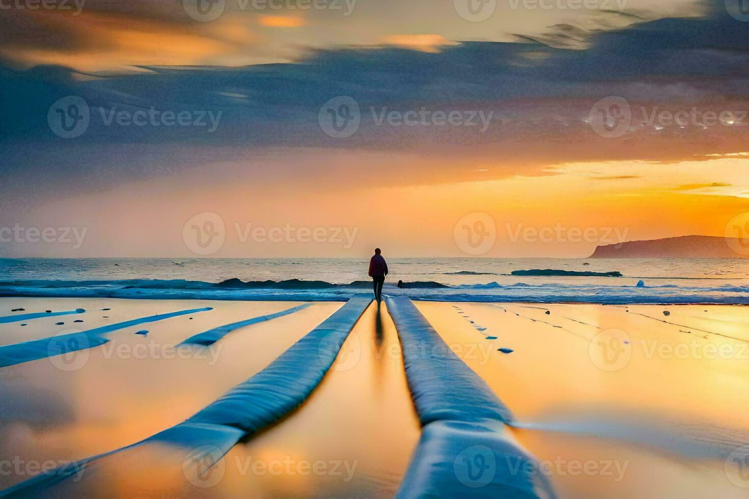 ein Mann Stehen auf das Strand beim Sonnenuntergang. KI-generiert foto